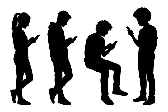 Silhouettes of diverse young adults using smartphones.