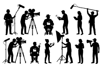 Obraz premium Silhouetted film crew and actors at work with cameras and equipment.