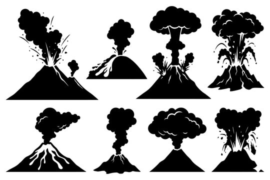 Set of eight explosive volcano icons in black and white silhouette style.