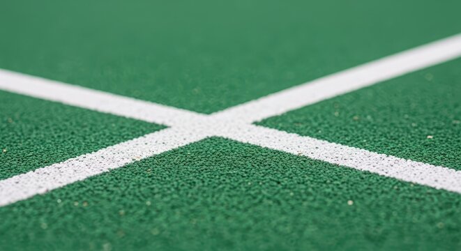 Close-up detail of green sports field with white intersection lines