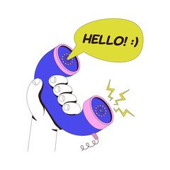Fototapeta premium Retro telephone handset with hello speech bubble neubrutalism onboarding illustration. Vintage calling. Receiver greeting. Web design UI. Flat vector concept. Mobile app intro. Micro UX scene