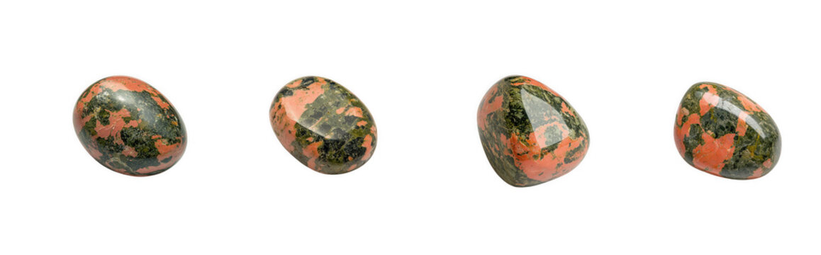 Set of four unique polished unakite gemstones isolated on transparent background