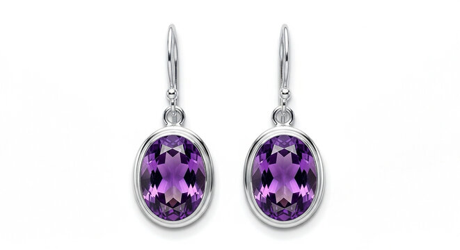 Purple amethyst gemstone dangle earrings in sterling silver setting with oval cut stones