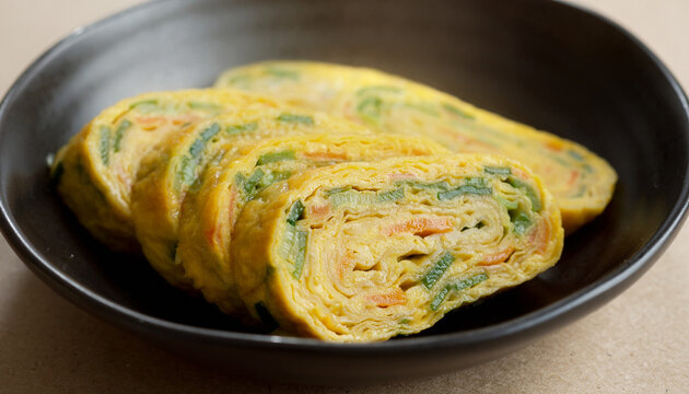 Close up of sliced Korean gyeran mari rolled omelette filled with finely chopped carrots and green onions, served in a black bowl. 