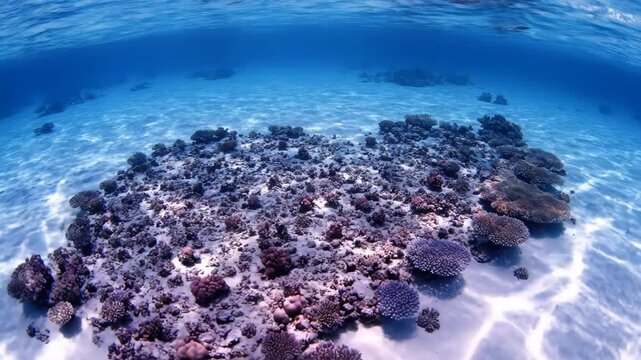 Underwater coral reef teeming with life while sunlight dances on the sandy seabed in shallow tropical waters.