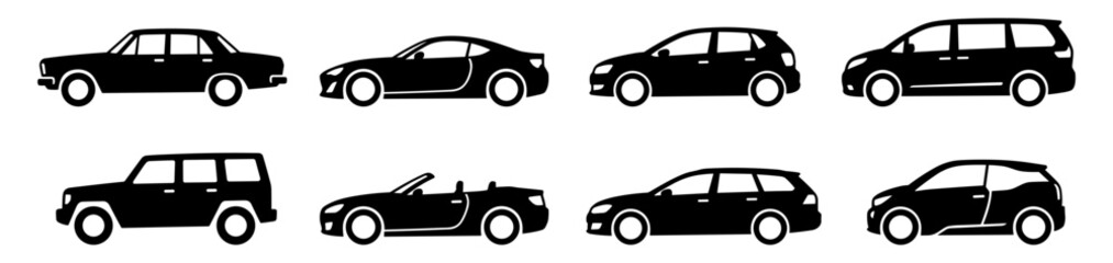 Car silhouette vector collection with sedan, coupe, suv, hatchback, wagon and cabriolet vehicle icons on transparent background © Ярослав Дацко