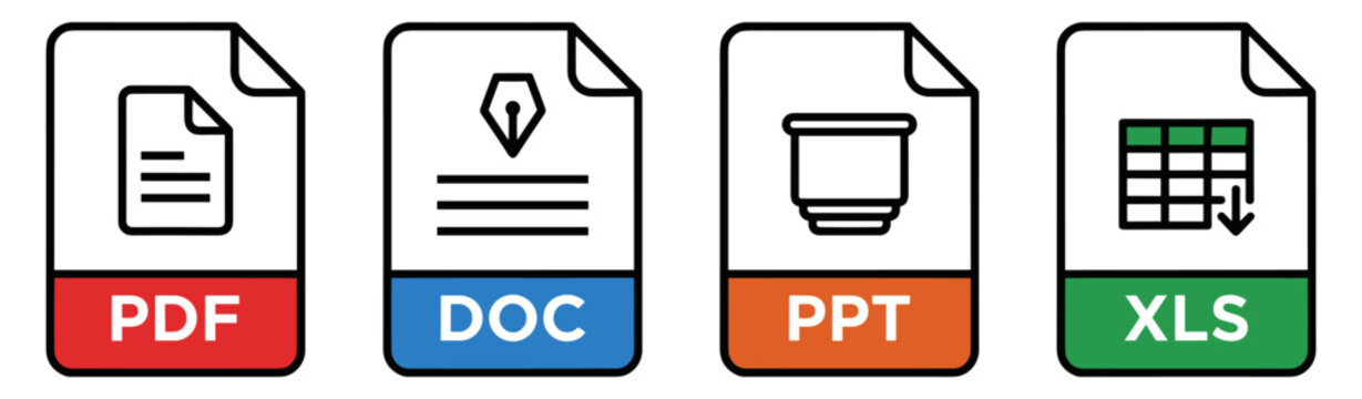 Office document format vector icons with PDF, DOC, PPT and XLS file symbols isolated on transparent background