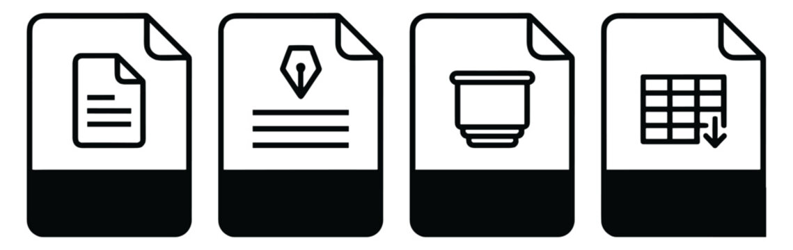 Monochrome office document format vector icons with PDF, DOC, PPT and XLS file symbols on transparent background