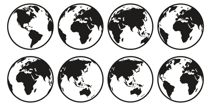 World globe collection with different earth map views, vector geography icons, planet and continents set on transparent background