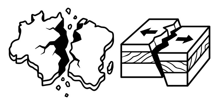 Tectonic plate fracture and continental crack vector illustrations, geology and earthquake fault concept icons on transparent background