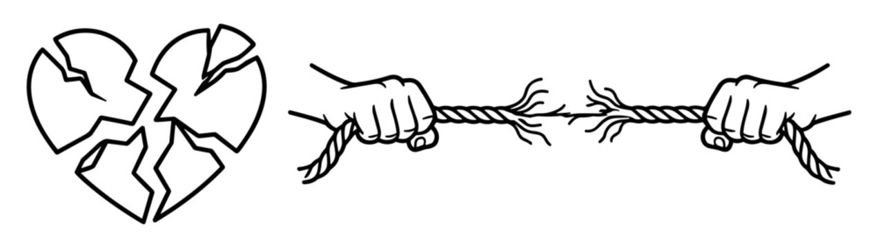 Broken heart and torn rope vector illustrations, relationship conflict and separation concept icons on transparent background