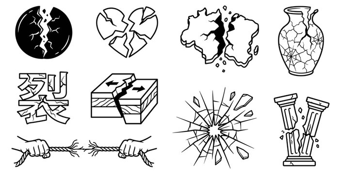 Crack and fracture vector icon set with broken objects, shattered glass, seismic faults and structural damage symbols on transparent background