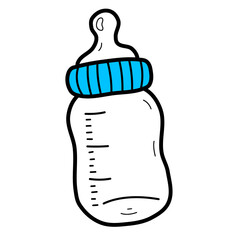 Simple blue baby bottle illustration cartoon outline drawing infant milk feeding container. Suitable for baby product packaging, parenting blogs, and childcare materials.