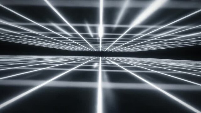 Abstract glowing grid lines in a tunnel ideal for creative backgrounds and modern web design