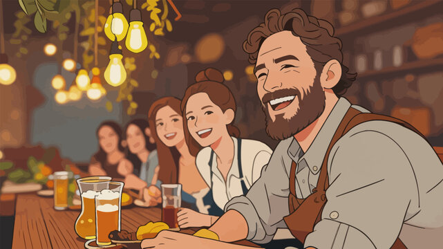 Happy Friends Gathering at Cozy Bar for Drinks and Chat