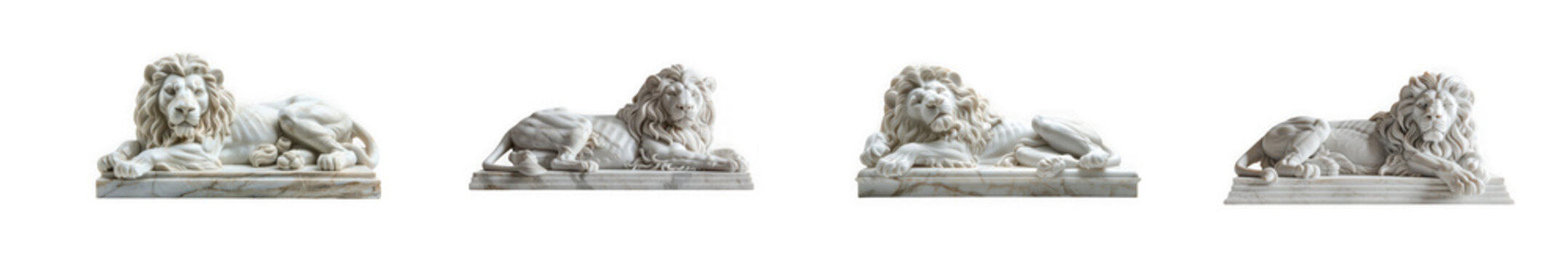 Set of four classical lion statues in a lying position isolated on transparent background