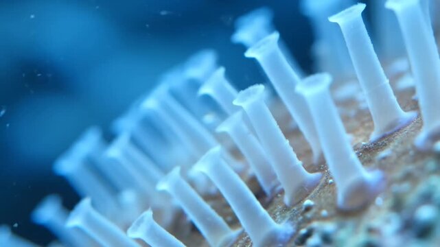 Macro underwater view of delicate tube sponges growing on a vibrant coral reef.