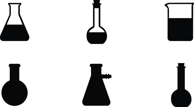 Vector laboratory glassware icon set, Flasks, Test Tubes, and beakers .laboratory beaker , black vector icon set collection , isolated on transparent  background.