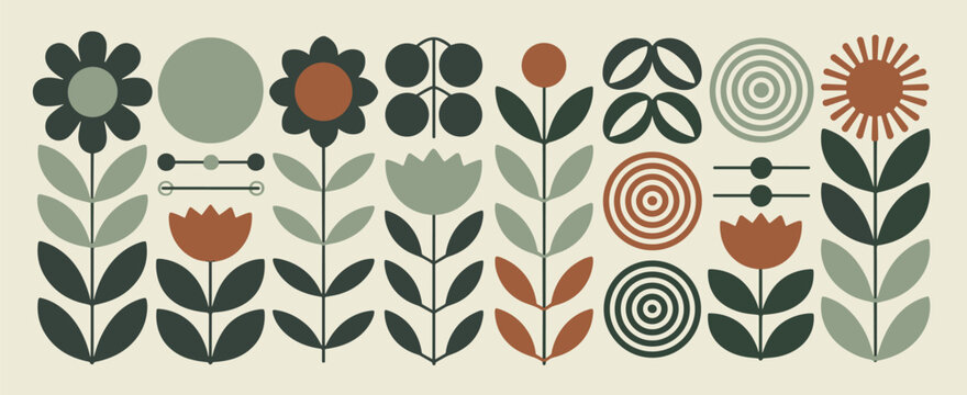 Mid Century Modern Scandinavian Floral Pattern With Geometric Elements In Earth Tones vector illustration
