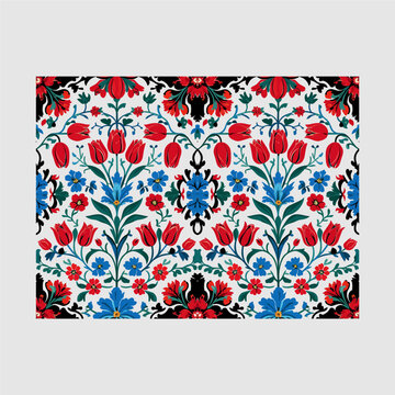 Seamless floral pattern featuring traditional Polish folk art motifs, including tulips and pansies, inspired by vibrant Wycinanki paper cutouts.