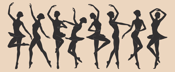 Silhouette Of Ballerinas In Various Poses On A Beige Background ballet dancers © Maru