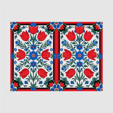 Seamless floral pattern featuring traditional Iznik style tulips and blue flowers, inspired by Ottoman decorative art, elegant botanical vector illustration.