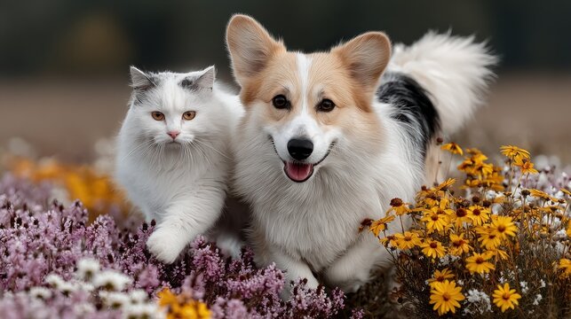 A fluffy cat & happy dog frolic together in a flower field, close up, warm light