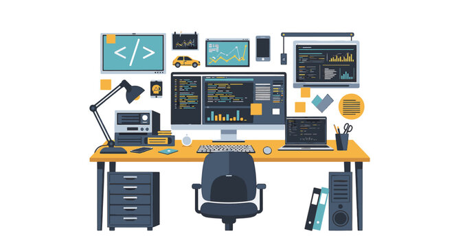 Flat vector illustration of a modern developer workspace featuring a wooden desk, dual monitors with programming code, laptop, mechanical keyboard, mouse, headphones, and office plant.