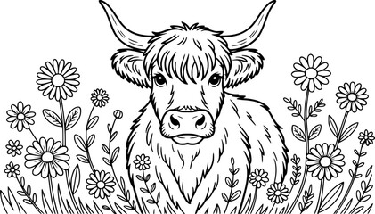Fototapeta premium Cute Highland Cow Sitting in a Field of Wildflowers Black and White Line Art, Perfect for Coloring Page, Children's Book, Printable, and Farmhouse Decor Print