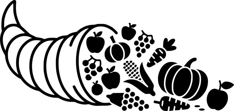 Cornucopia Horn of Plenty Black Silhouette Overflowing with Fruits and Vegetables, Perfect for Thanksgiving Harvest Festival Card, Banner, and Print Design