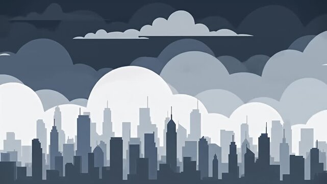 Stylized cityscape in grayscale, with layered clouds and tall, silhouetted buildings