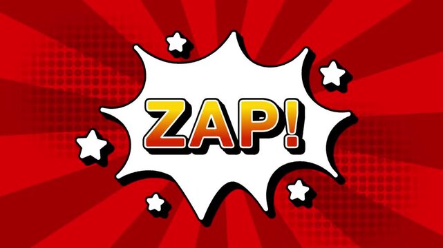 zap text word lettering popup comic cartoon reveal with bomb and smoke explosion manga anime book page dots with radial speed lines doodle red background with seamless loop animation retro