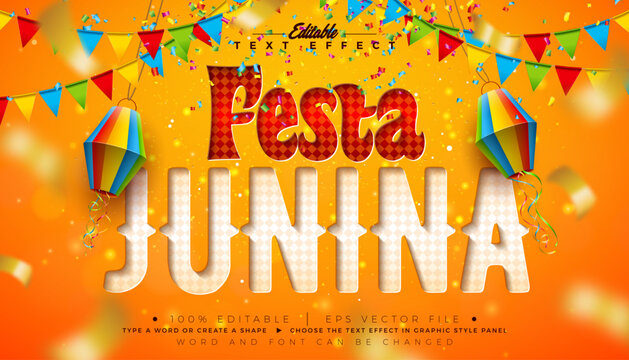 Festa Junina Text Effect Design Editable Vector Graphic Style with Cut Out Checkered Pattern Typography Lettering, Party Flag and Paper Lantern on Yellow Background. Premium Scalable Illustration