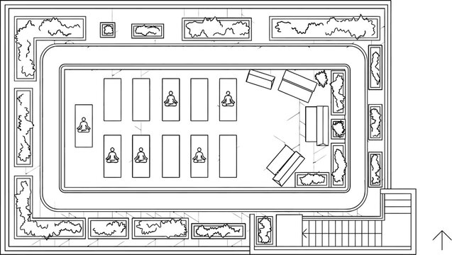 Top-down architectural floor plan of a spacious yoga studio