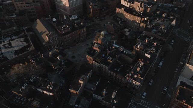 Aerial view of Boston's North End at sunrise. Shot on a spring morning.