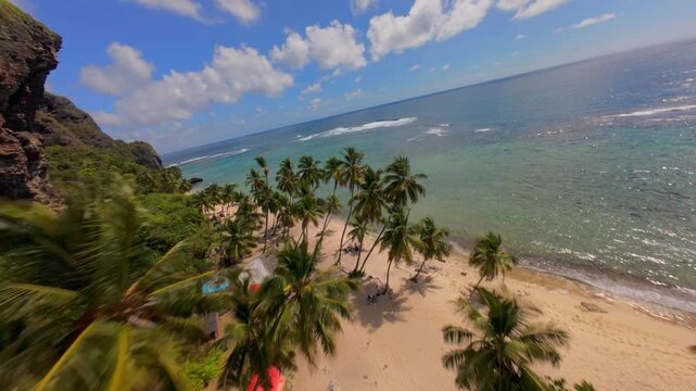 Tropical Playa Fronton beach in Dominican Republic with dramatic dark cliffs and palm trees along white sand shore with turquoise ocean water under blue sky during sunny daytime. FPV drone flyove