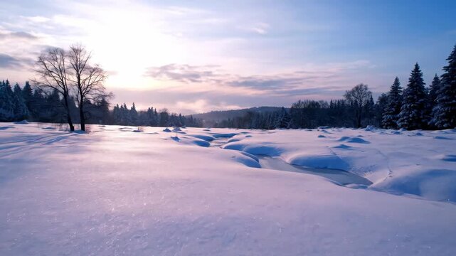 A vast snowfield under a soft pink and blue sky with bare trees and pine forests
