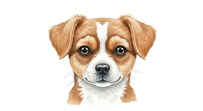 Cute brown and white puppy portrait with floppy ears and big eyes on white background