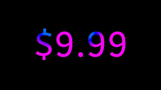 Modern Neon Price Tag $9.99 Animation Glowing Gradient Currency Text Motion Graphics on Black Background, Loop able business concept