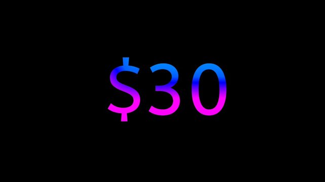 Modern Neon Price Tag $30 dollars Animation Glowing Gradient Currency Text Motion Graphics on Black Background, Loop able business concept