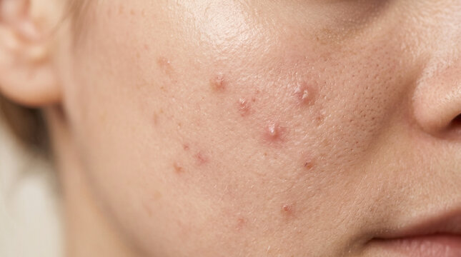 Macro photo of mild acne and skin texture