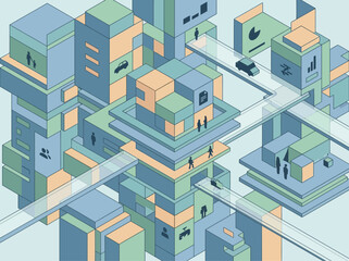 Fototapeta premium A stylized isometric illustration of city buildings.