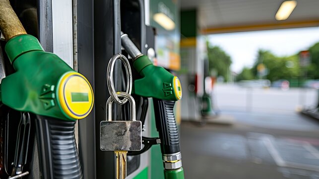 Symbolic image of fuel shortage  locked gas pump reflects energy crisis amidst greenery