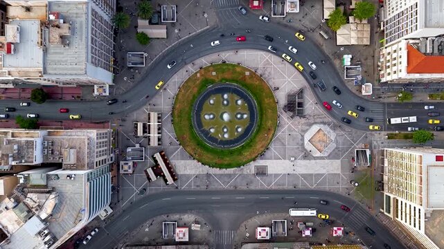 Aerial overhead view of the Omonia Square in the city centre of Athens, Greece, with street and pedestrian traffic