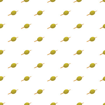 Green olives pierced with toothpicks creating a repeating, decorative background design
