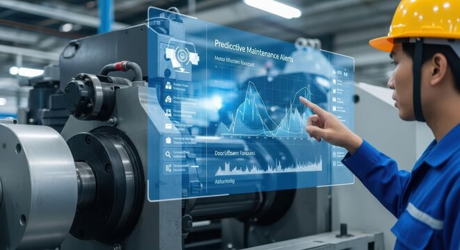 Industrial machine interface displaying predictive maintenance alerts and data analysis on a futuristic holographic screen