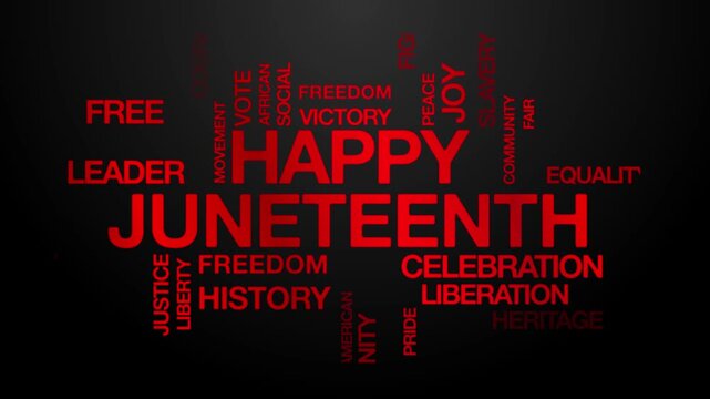 Happy juneteenth concept Animated Tag Word Cloud kinetic typography, Text Design Animation typography seamless loop video motion graphics Intro Wordart arrangement red type on black background bg back