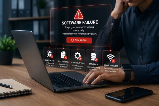 Stressed office worker dealing with unexpected software failure interface showing bug detection and corrupted files leading to connection lost