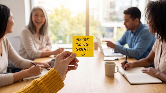 Hand holds up a sticky note with "you're doing and smiley face to colleagues in a meeting room, positive feedback