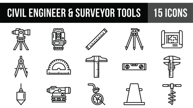Civil engineer and surveyor tools icon set, 15 professional surveying equipment line icons, construction measurement and land mapping vector symbols